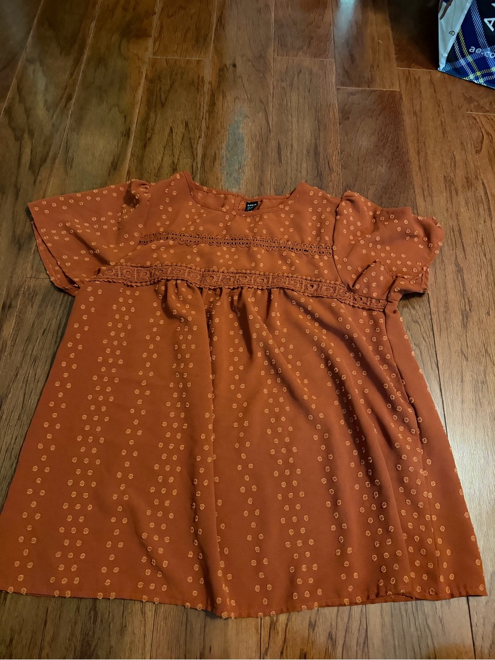 SHEIN Rust Orange Dot-Print Smocked Babydoll Top